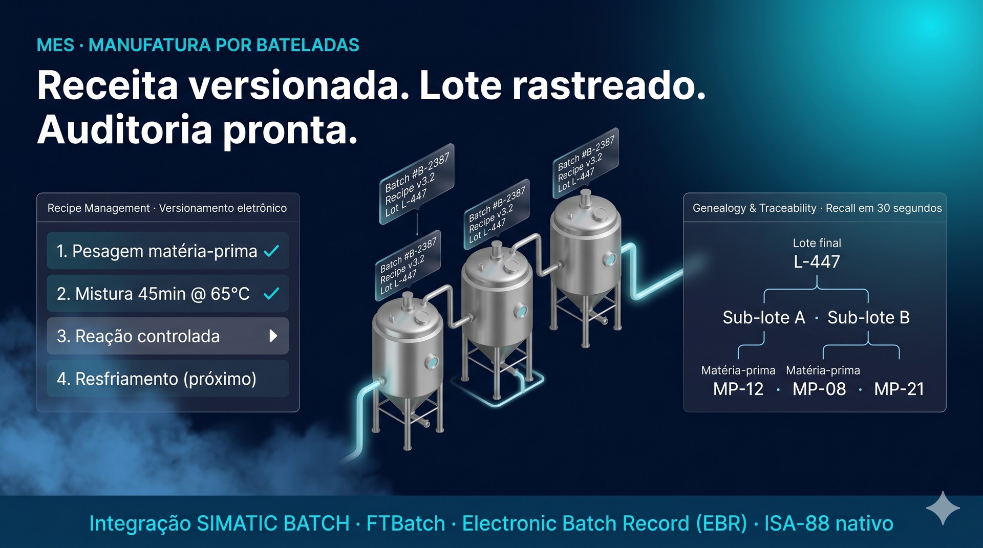 Opcenter Execution Process — receita versionada, lote rastreado e auditoria pronta